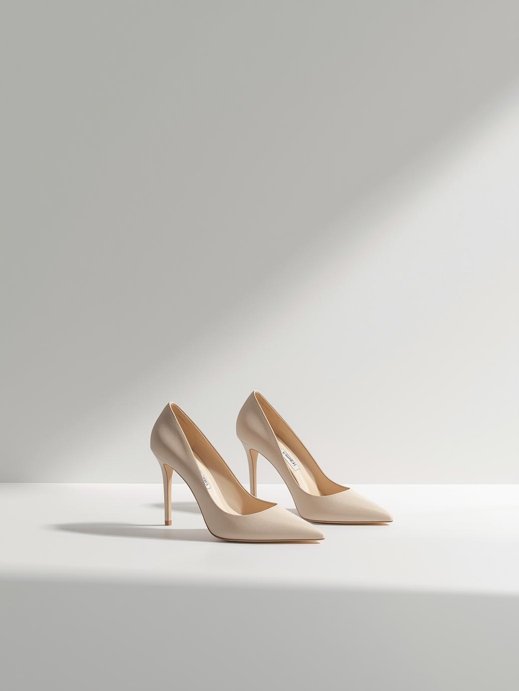 Beżowe szpilki damskie – packshot na perłowym szaro-białym tle,